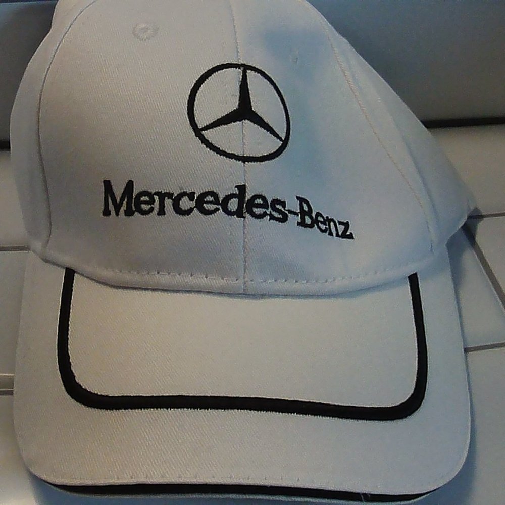 white mercedes hat with blk embroidery
